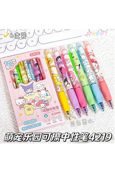 Miniso family 6pcs Sanrio Hello Kitty Blue Ink Erasable Neutral Pen Cute Cartoon Pressing The Pen Office S