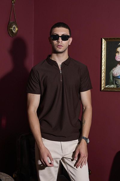 DAMGA JEANS Мъжка тениска с къс ръкав и цип, кафява, с поло яка
