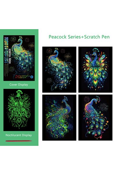 Choice A4 Peacock 4 Pcs/Set A4 DIY Scratch Painting Sea World Butterfly Peacock Whale Noctilucent Scratch P