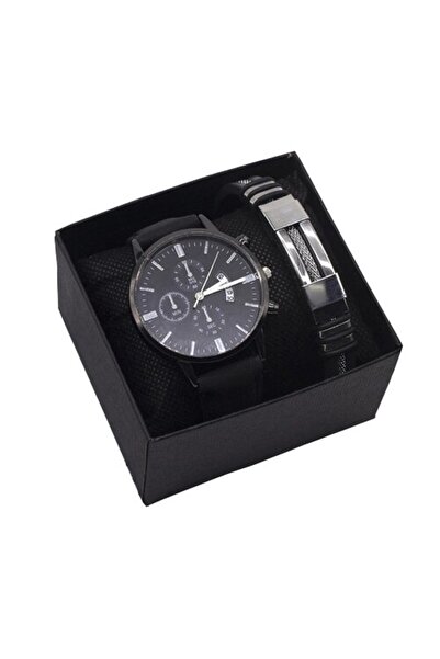 Tessero Set cadou ceas analog si bratara din otel inoxidabil, mecanism quartz, curea din piele naturala, cro