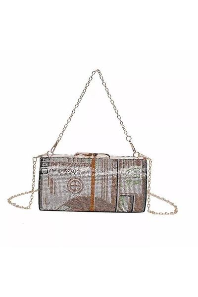 Tessero - Women's Shoulder Bag Clutch, Cylinder-shaped with Rhinestones, Dollar Pattern, Golden