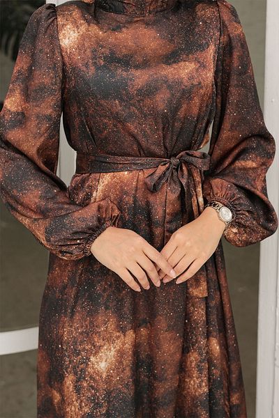 InStyle Starry Night Patterned Brown Dress