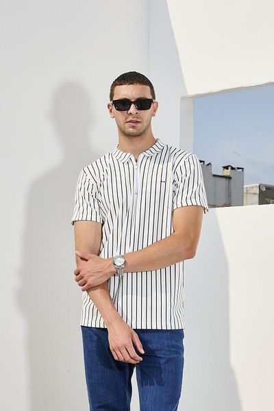 DAMGA JEANS Ανδρικό μπλουζάκι με ριγέ λευκό γιακά πόλο με φερμουάρ