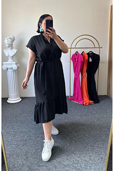 Vio Moda Büyük Beden Kruvaze Yaka Ayrobin Elbise