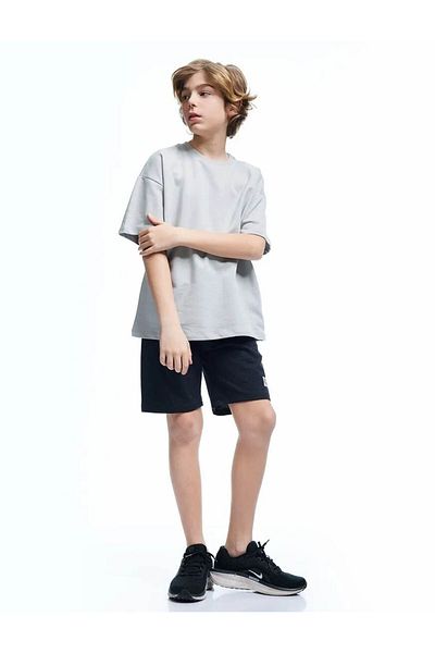 Koton Basic Anthracite Boy's Shorts with Elastic Waist and Applique Detail 5Skb40163Tk