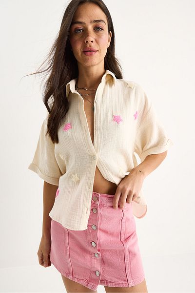 Bianco Lucci Women's Süzene Star Embroidered Muslin Shirt 60283426