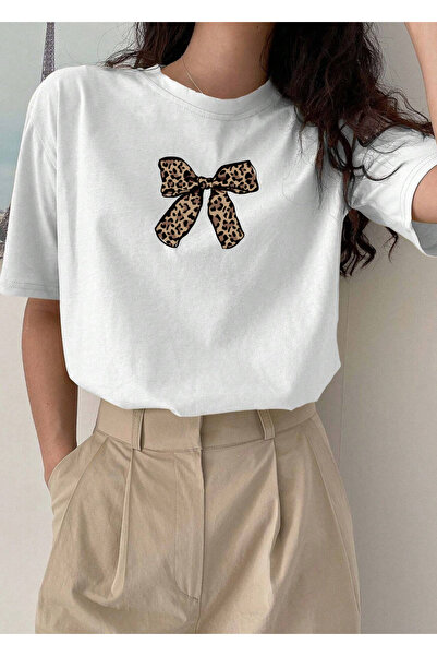 NAKRUF Tricou cu mânecă scurtă cu decolteu oversize cu imprimeu cu panglică cu model leopard pentru femei