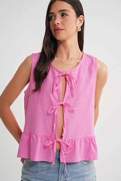 Mixray 4717 Women's Front Lace Ruffle Sleeveless Linen Blouse Pink