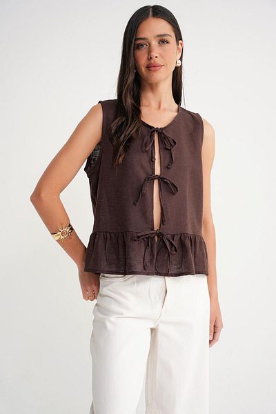 Mixray 4717 Women's Front Lace Ruffle Sleeveless Linen Blouse Coffee