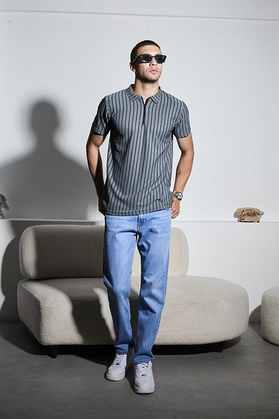 DAMGA JEANS Ανδρικό μπλουζάκι με ριγέ καπνιστό γιακά πόλο με φερμουάρ