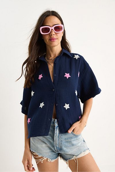 Bianco Lucci Women's Süzene Star Embroidered Muslin Shirt 60283426
