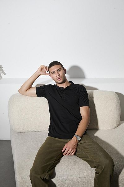 DAMGA JEANS Ανδρικό φαρδύ κοντομάνικο μπλουζάκι με μαύρο λινό γιακά πόλο