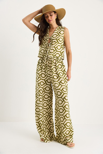 Bianco Lucci Women's Tie Detail Blouse Patterned Viscose Bottom-Top Set 252-8035 60283427