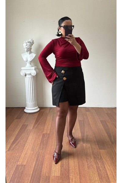 Vio Moda Büyük Beden Gold Buttoned Short Skirt