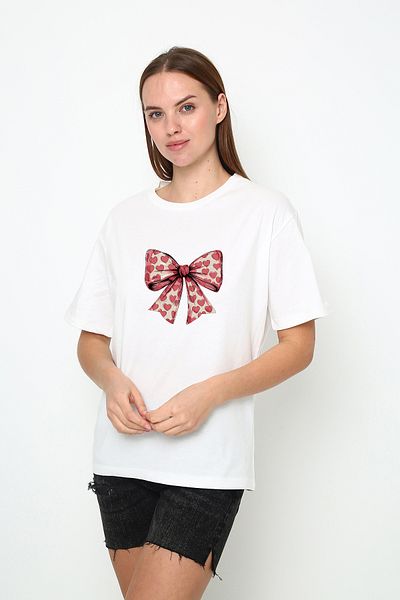 Oasis Women's Oversize Heart Bow Printed Crew Neck T-Shirt