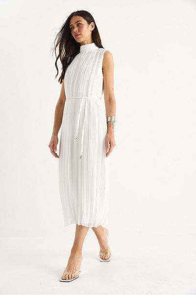 Bianco Lucci Women's Thick Strap Knitted Belt Lined Midi Pleated Dress Fe-118 60283435