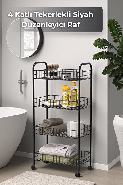 Sevinse Home 4 Katlı Siyah Tekerlekli Banyo Rafı, Mutfak Rafı, Deterjanlık, Sebzelik, Makyaj Çok Amaçlı Organizer