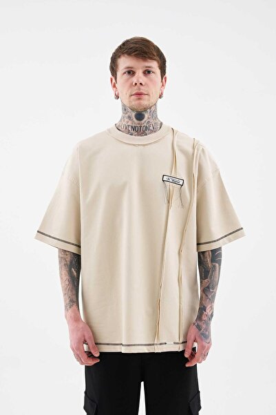 Machinist Ανδρικό μπλουζάκι Stitch Detailed Split Oversize Soft Beige