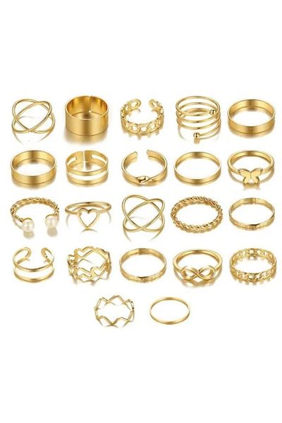 Tessero Set of 22 women's rings, 18K gold plated, different designs with butterflies, hearts and pearls