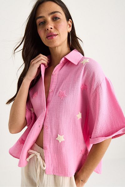 Bianco Lucci Women's Süzene Star Embroidered Muslin Shirt 60283426