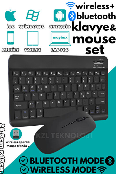 Maybax Tüm Cihazlara Uyumlu Akıllı Taşınabilir Şarjlı Kablosuz Bluetooth & Wireless Klavye Mouse Seti
