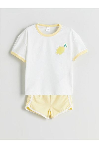 LC Waikiki Κίτρινο λεμόνι με στάμπα για κορίτσια T-shirt και σορτς 2 τεμαχίων