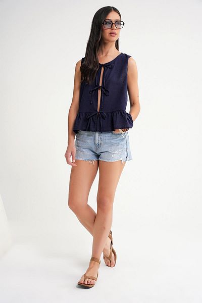 Mixray 4717 Women's Front Lace Ruffle Sleeveless Linen Blouse Navy Blue