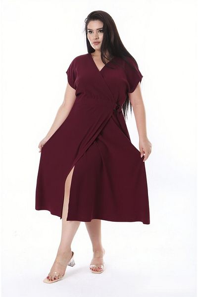 Şans Women's Plus Size Burgundy Wrinkle Fabric Wrapped Dress with Buckle at the Waist 65N38314