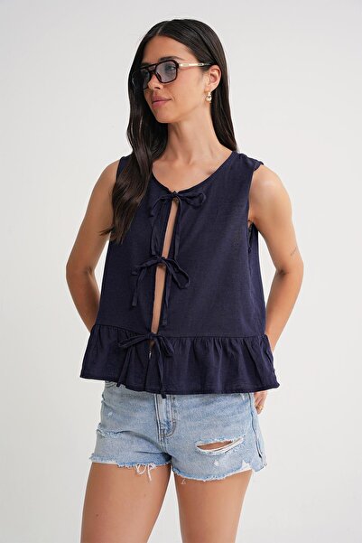 Mixray 4717 Women's Front Lace Ruffle Sleeveless Linen Blouse Navy Blue