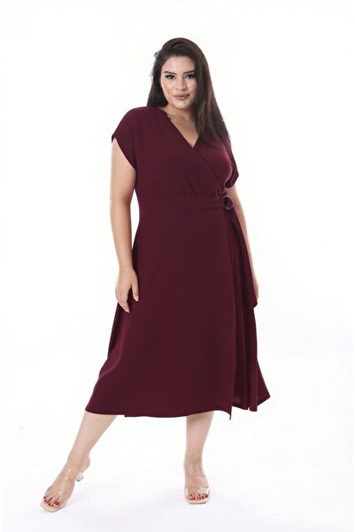 Şans Kadın Büyük Beden Bordo Bürümcük Kumaş Beli Tokalı Anvelop Elbise 65N38314