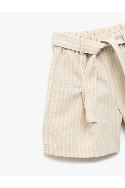 Koton Linen Blended Belted Striped Ecru Girl's Shorts 5Skg40055Aw