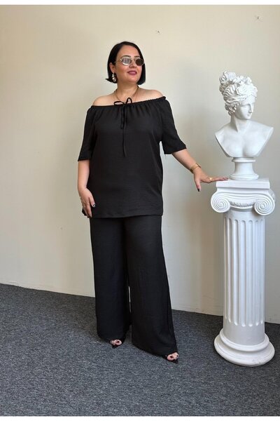 Vio Moda Büyük Beden Madonna Collar Sofia Linen Suit