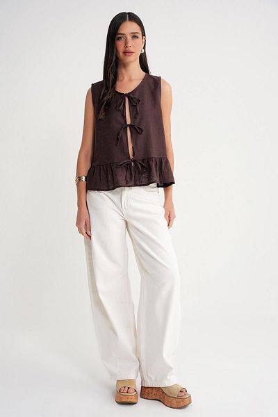 Mixray 4717 Women's Front Lace Ruffle Sleeveless Linen Blouse Coffee