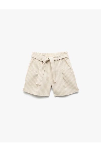 Koton Linen Blended Belted Striped Ecru Girl's Shorts 5Skg40055Aw