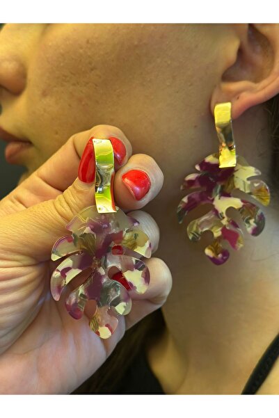 Gönülden Tasarım RENKLİ KEMİK YAPRAK KADIN KÜPE 8 CM