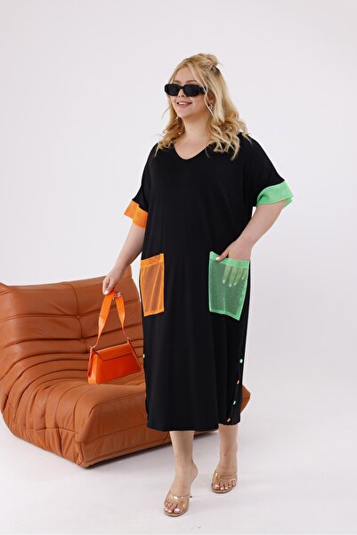 Siyezen Plus Size Oversized Dress with Pocket Mesh Detail