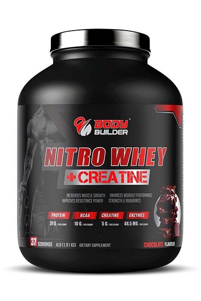 Body Builder Nitro Whey Protein Plus Creatine, Contains Digestive Enzymes, Chocolate Flavor, 4 Lb