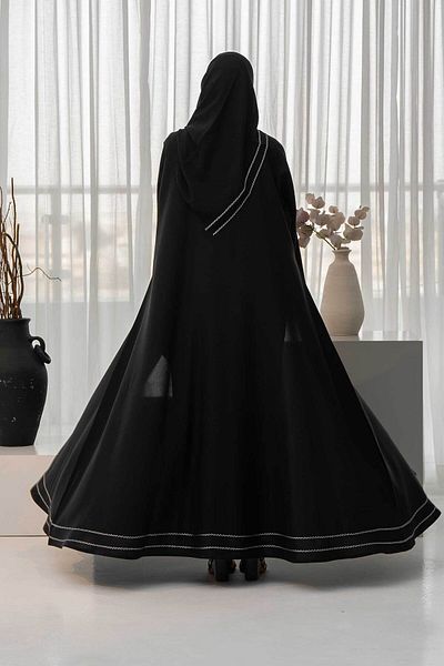 Hasnaa Abaya Soft black cloche abaya with silver ribbons