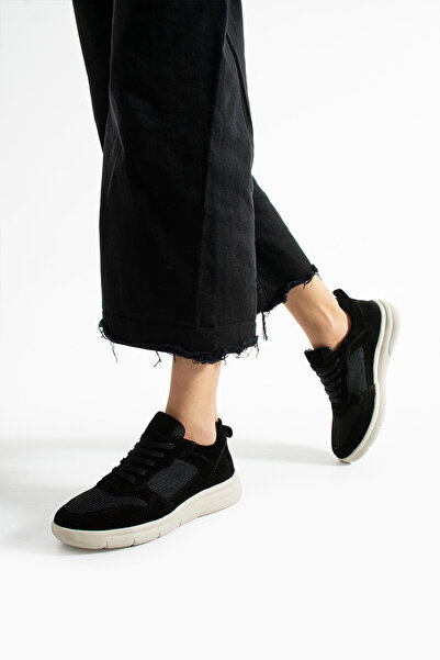 Getcho Thaes Women's Black Daily Suede Sneaker Light Sole Sports Shoes Breathable Mesh Fabric Model