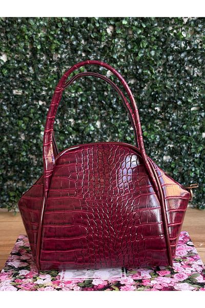 Moda Lime Women's Special Design Burgundy Crocodile Patterned Hand and Shoulder Bag