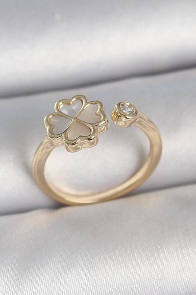 Clariss Brass Gold Color White Enamel Clover Model Zircon Stone Detail Adjustable Women's Ring