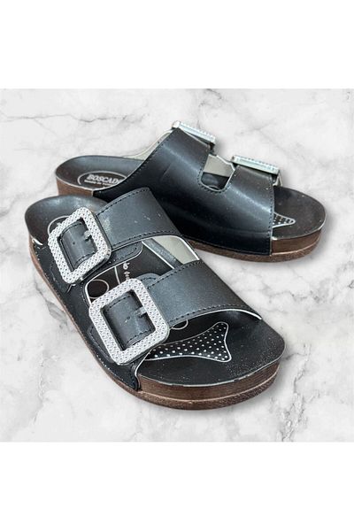 Daye Women's Black Double Buckle Adjustable Stone Light Sole Slippers