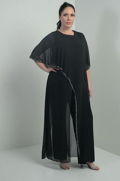 By Saygı Women's Chiffon Top with Stone Detail, Spanish Sleeves, Wide Legs, Large Size Lycra Jumpsuit