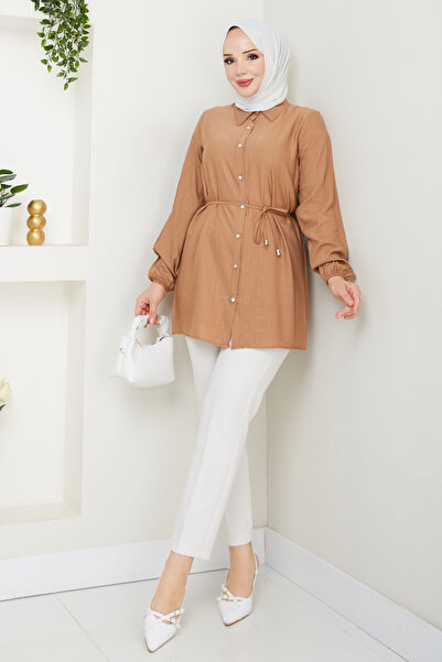 Gc.Butiq Women's Sleeve Mouth Elastic - Waist Tie Long Shirt-Tunic