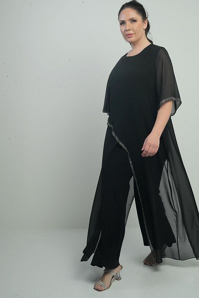 By Saygı Women's Chiffon Top with Stone Detail, Spanish Sleeves, Wide Legs, Large Size Lycra Jumpsuit