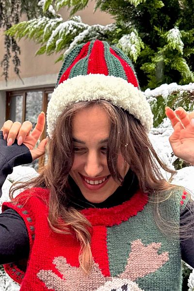 Zone Design Store New Year Themed Hand Knitted Red - Green Hat – Feathered Edge Detail