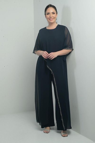 By Saygı Women's Chiffon Top with Stone Detail, Spanish Sleeves, Wide Legs, Large Size Lycra Jumpsuit