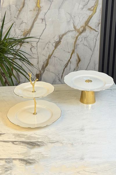 MAY HOME Gold Detailed Porcelain Cake Presentation Stand & Cookie Cake Presenter