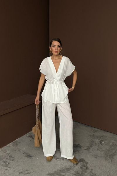Marka Linen V-Neck Tie Belt Bluz-Pants Suit - White