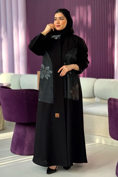 Hasnaa Abaya Cloche abaya with distinctive rose jacquard insert